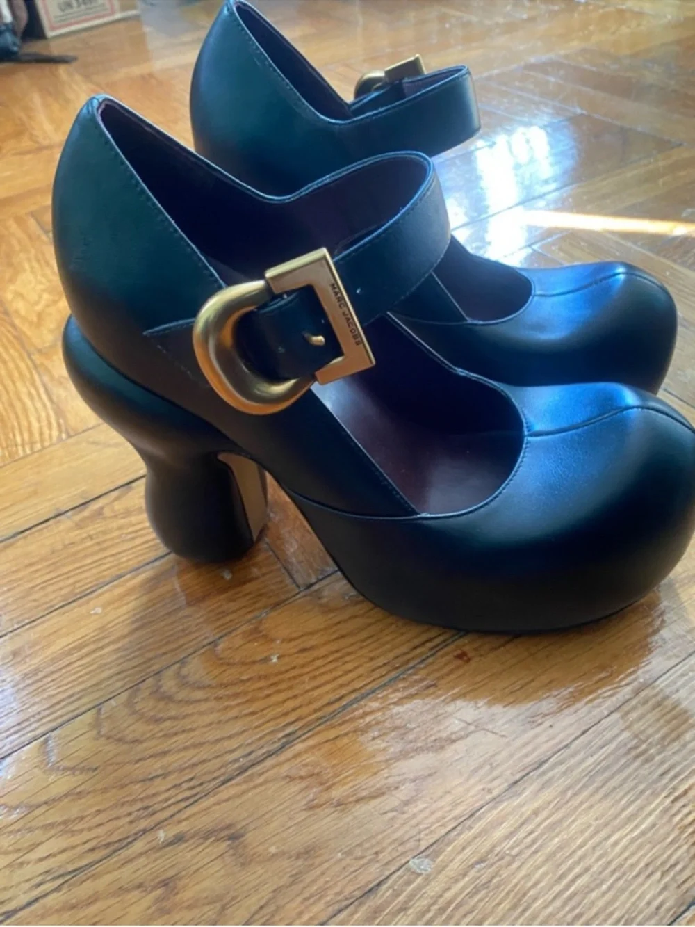 Marc Jacobs Black Mary Jane Platform Heels with Gold Buckle - Picture 3 of 4
